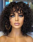 Throw On & Go Water Wave Minimalist Lace Glueless Short Wig With Bangs 100% Human Hair