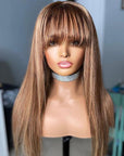 Highlight Brown Honey Blonde Straight Wig With Bangs Glueless Human Hair Wig With Fringe
