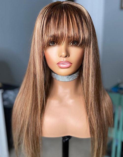 Highlight Brown Honey Blonde Straight Wig With Bangs Glueless Human Hair Wig With Fringe