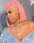 Pink Colored Straight 13x4 Lace Front Bob Glueless Human Hair Wig