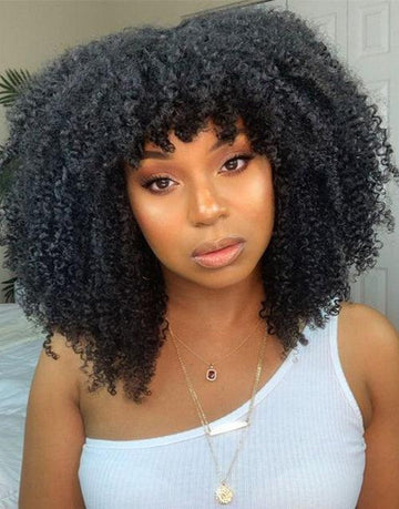 True Scalp Afro Kinky Curly Wig With Bangs Glueless Human Hair Wig With Fringe