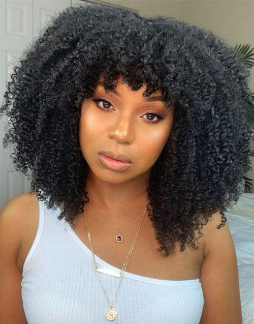 True Scalp Afro Kinky Curly Wig With Bangs Glueless Human Hair Wig With Fringe