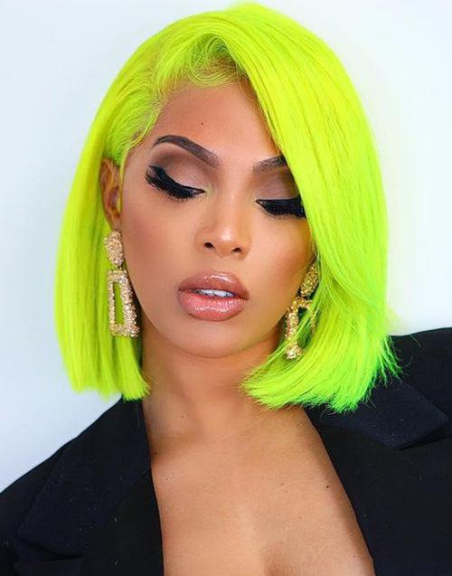 Green Colored Short Straight 13x4 Lace Front Bob Human Hair Glueless Wig
