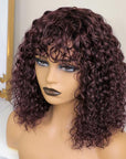 Throw On & Go Burgundy Water Wave No Lace Glueless Short Wig With Bangs 100% Human Hair