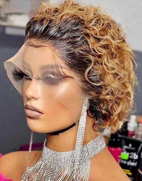 Ombre Honey Blonde Short Curly Pixie Cut Wigs 13x1 Lace Front Human Hair Wigs
