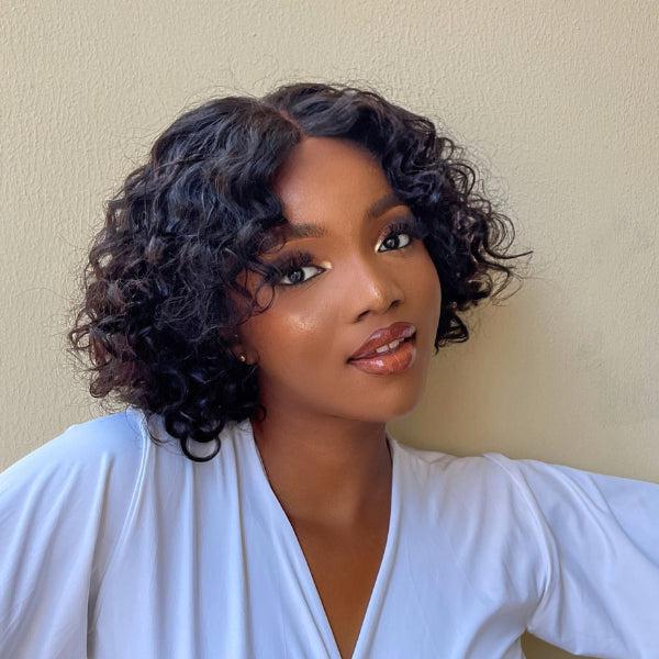 Casual Bouncy Curly 4x4 Closure Lace Glueless Short Wig With Bangs 100% Human Hair | Face-Framing