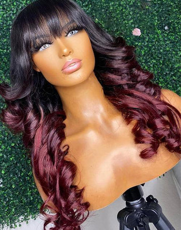 Ombre Burgundy 99J Loose Wavy 13x4 Lace Front Human Hair Wig With Bangs Glueless 4x4 Lace Wig