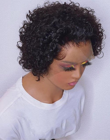 Natural Black Short Curly Pixie Cut Wigs 13x1 Lace Front Human Hair Wigs