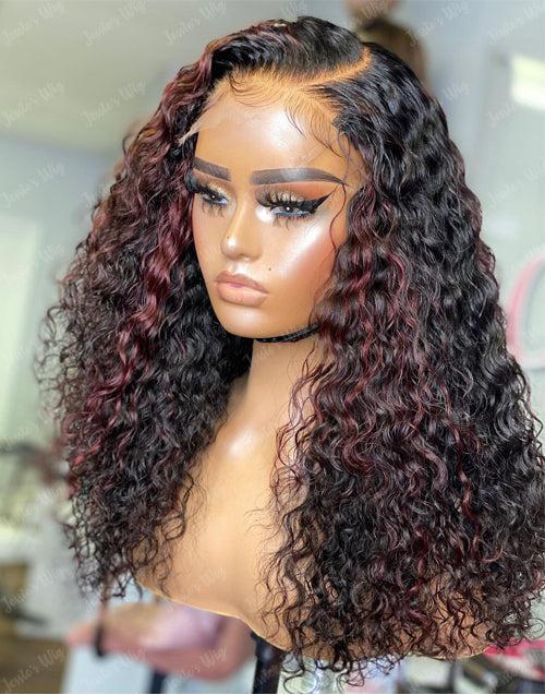 Ombre Highlight 99J Color 13x4 Curly Lace Front Human Hair Wigs Mix Burgundy 5x5 Lace Closure Wigs