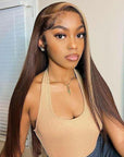 Brown Color With Blonde Highlights Remy Straight Lace Front Human Hair Wigs