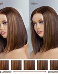 Glueless Chestnut Brown Highlights Straight 4x4 Closure Bob Wig 100% Human Hair