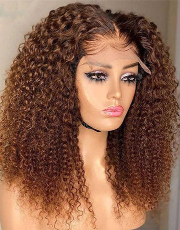 Glueless Transparent Lace Brown Curly 13x4 Lace Front Wig 5x5 Lace Human Hair Wig