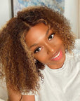 Mix Color Brown Kinky Curly Short Cut Glueless Lace Closure Wig
