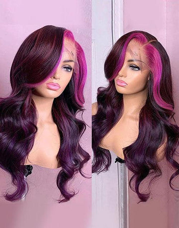 Pink Purple Wavy 13x4 Lace Front Human Hair Wig Pink Streak At Front Glueless Wig
