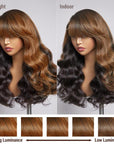 Brown Mix Black / Natural Black C Part Glueless Loose Wave 5x5 Closure Wig With Bangs 100% Human Hair