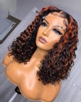 5X5 Crystal Lace Double Drawn Redish Brown Highlight Curly BoB Lace Closure Wigs