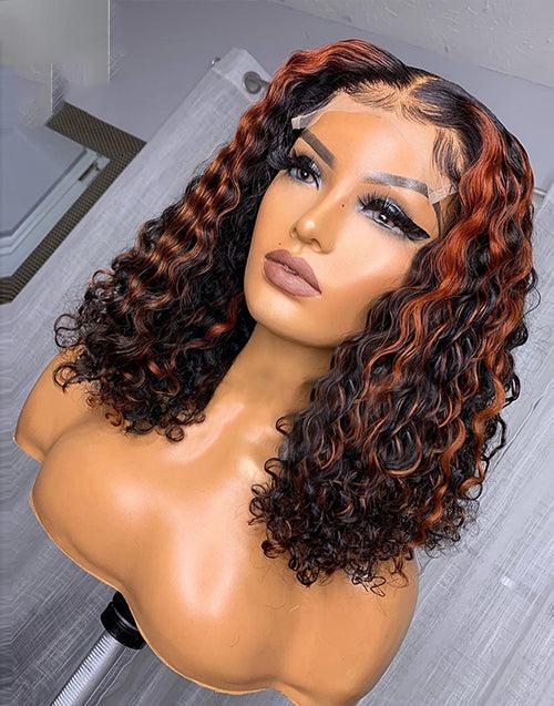 5X5 Crystal Lace Double Drawn Redish Brown Highlight Curly BoB Lace Closure Wigs
