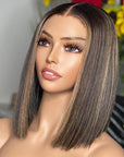 Highlight Balayage Blonde Straight 13x4 Lace Front Bob Wig Glueless Human Hair Wig Double Drawn