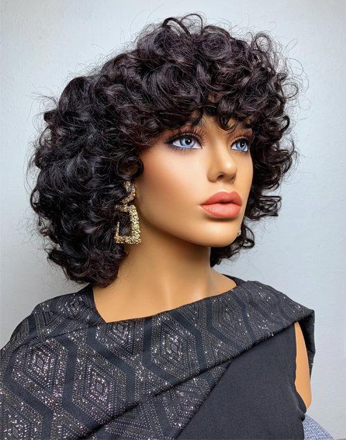Bouncy Curly Double Drawn Human Hair Wig With Bangs Rose Curly Hair Natural Black Color