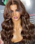 Layered Bangs Chestnut Brown Loose Wave 5x5 Closure Lace Glueless Mid Part Long Wig 100% Human Hair