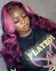 Pink Purple Wavy 13x4 Lace Front Human Hair Wig Pink Streak At Front Glueless Wig