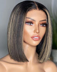Highlight Balayage Blonde Straight 13x4 Lace Front Bob Wig Glueless Human Hair Wig Double Drawn