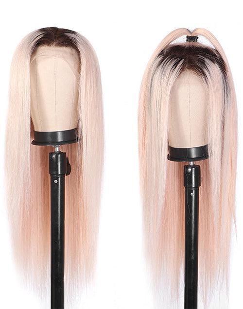 Ombre Pink Color With Black Roots Silky Straight 13x4 Lace Front Wigs Glueless 4x4 Lace Human Hair Wig