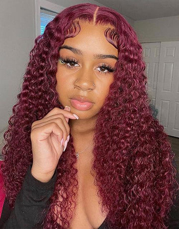 99J Colored Curly 13x4 Lace Front Wig Burgundy Glueless Human Hair Wig