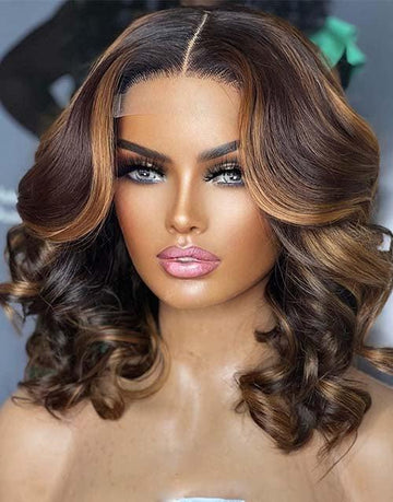 Crystal Lace Highlight Honey Blonde Color Short Bob Wavy 13x4 Lace Front Wig Double Drawn HD Lace 4x4 Lace Closure Bob Wig