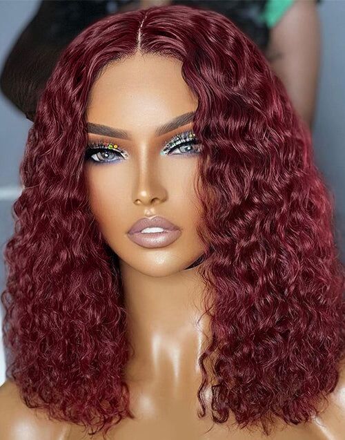 99j Burgundy Curly Bob Transparent Lace Frontal Wigs Lace Closure Wigs