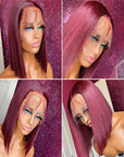 Blunt Cut 99J 13x4 Bob Lace Frontal Wigs 4x4 Burgundy Lace Closure Wig