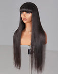Glueless Silky Straight Human Hair Wigs With Bangs Throw On & Go Workout wigs