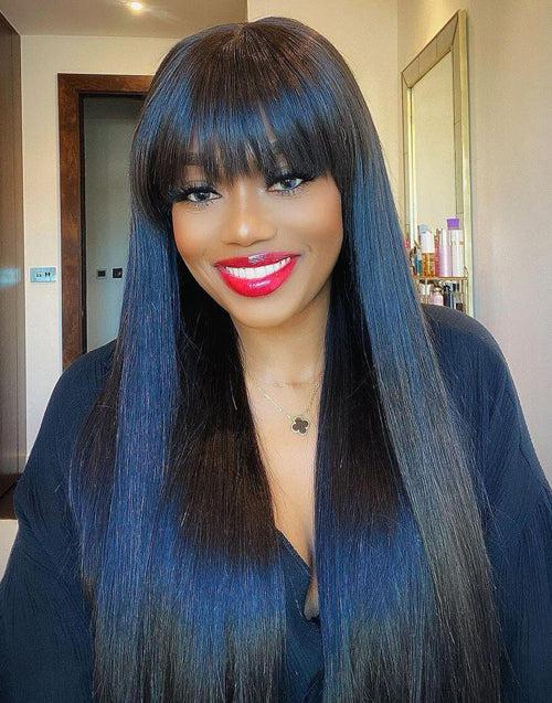 Glueless Silky Straight Human Hair Wigs With Bangs Throw On & Go Workout wigs
