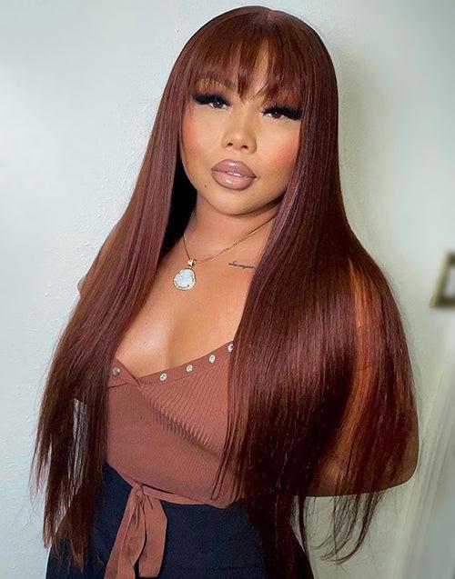 Reddish Brown Straight 13x4 Lace Front Wig With Bangs Machinemade Human Hair Wig Easy to Go