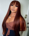 Reddish Brown Straight 13x4 Lace Front Wig With Bangs Machinemade Human Hair Wig Easy to Go
