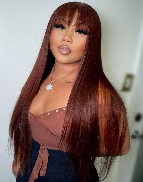 Reddish Brown Straight 13x4 Lace Front Wig With Bangs Machinemade Human Hair Wig Easy to Go