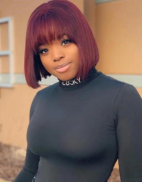Red Wine Color Bob Wig with Bangs Capless Human Hair Wigs With Bang Dark 99J
