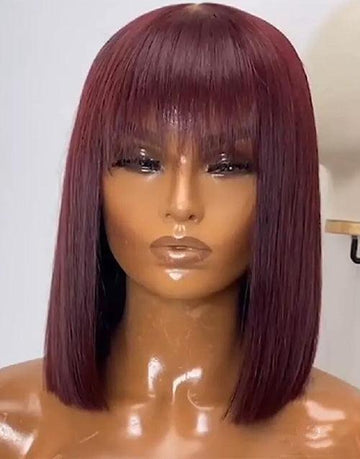 Red Wine Color Bob Wig with Bangs Capless Human Hair Wigs With Bang Dark 99J