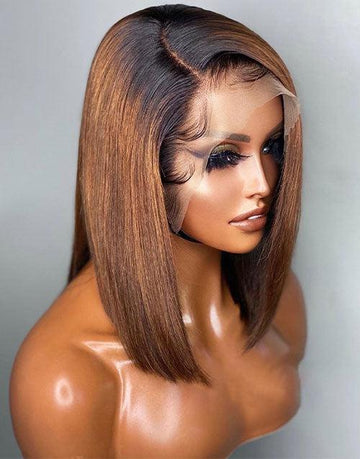 Side Part Ombre Chocolate Brown Blunt Cut Bob Wig 5x5 Transparent HD Lace Closure Wigs