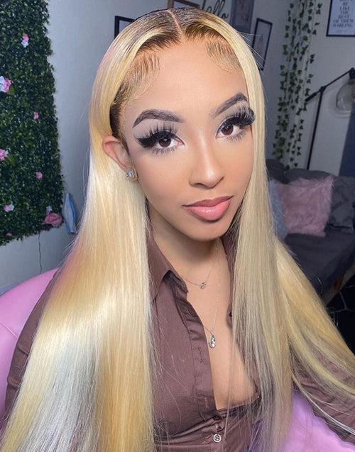 4/613 Ombre Blonde Straight Lace Front Wigs With Chocolate Brown Roots