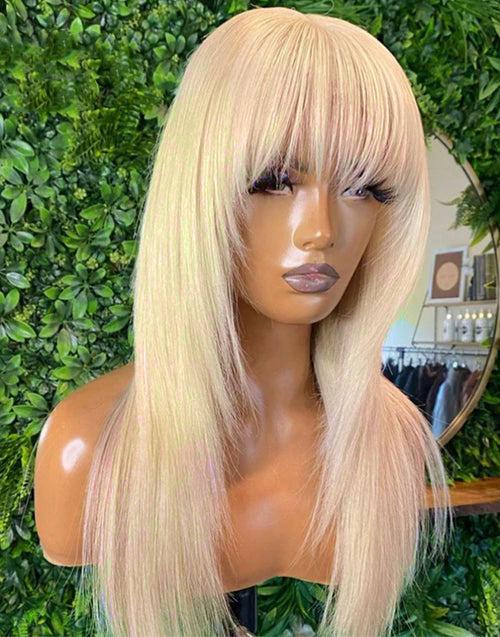 Wolf Cut 613 Blonde Layered Straight Human Hair Wig With Bangs Glueless Human Hair Wig With Fringe