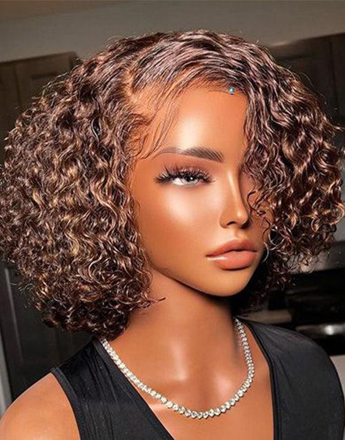 Brown Color Short Curly 13x4 Bob Lace Front Wig Glueless HD Lace Human Hair Wigs