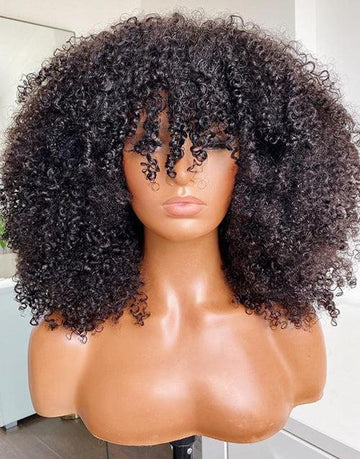 Double Drawn 4b 3C Afro Kinky Curly Bob Wigs With Bangs Capless Fringe Human Hair Wigs