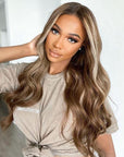 Highlight Platinum Ash Blonde Wavy Human Hair Wig With Dark Roots Body Wave Lace Front Wigs