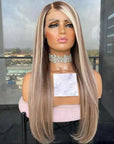 Glueless Ombre Ash Blonde Highlight 13x4 Lace Front Wig With Dark Roots