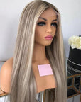 Glueless Ash Blonde Wig With Dark Roots Ombre Colored Straight 13x4 Lace Frontal Wig
