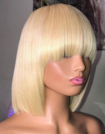 Blonde Bob Cut Human Hair Lace Front Closure Wigs With Bang