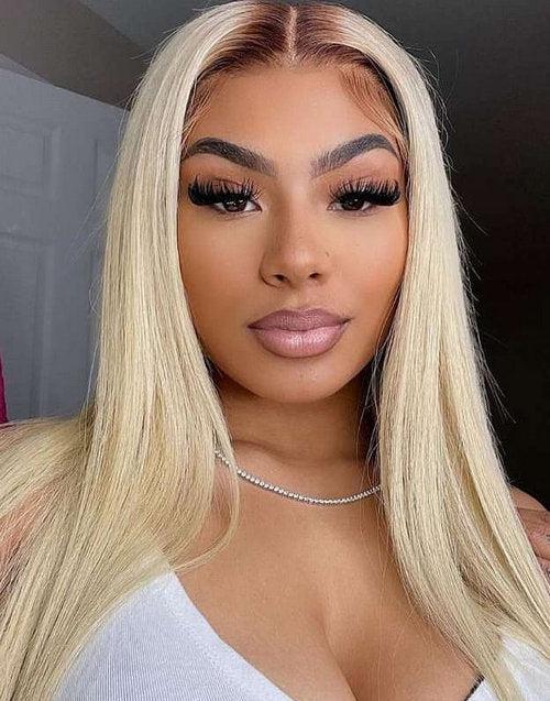 4/613 Ombre Blonde Straight Lace Front Wigs With Chocolate Brown Roots