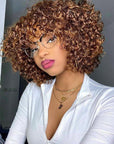 Highlight Honey Blonde Curly Short Bob Wig With Bangs Natural Black Glueless Fringe Wigs