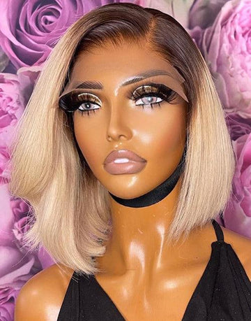 Side Part Chocolate Brown Roots Blonde 13x4 Lace Front Bob Wig Graceful Beauty